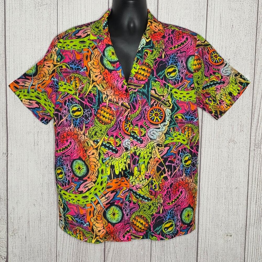 Dolls Kill x Rick & Morty Lost In Space Neon Psychedelic Button Up Shirt, Large